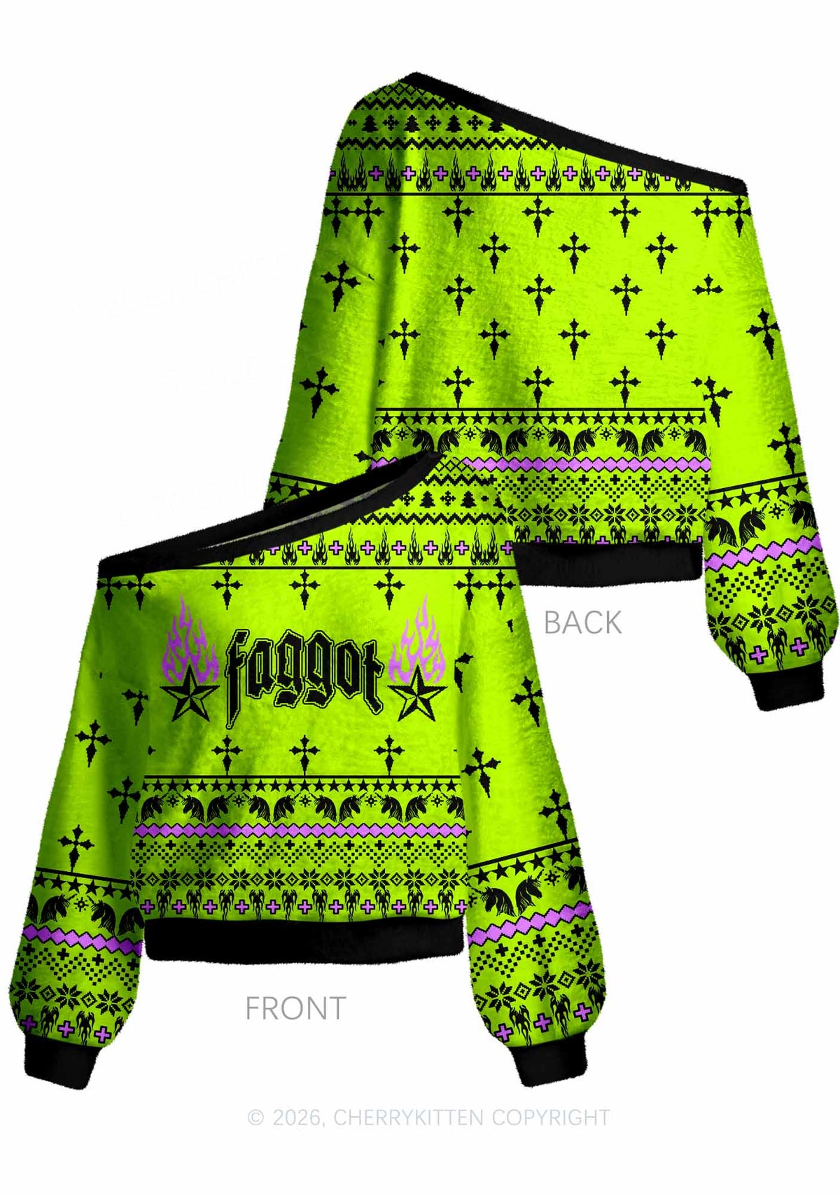 Faggot Stars Pride Y2K Off Shoulder Knit Sweatshirt Cherrykitten