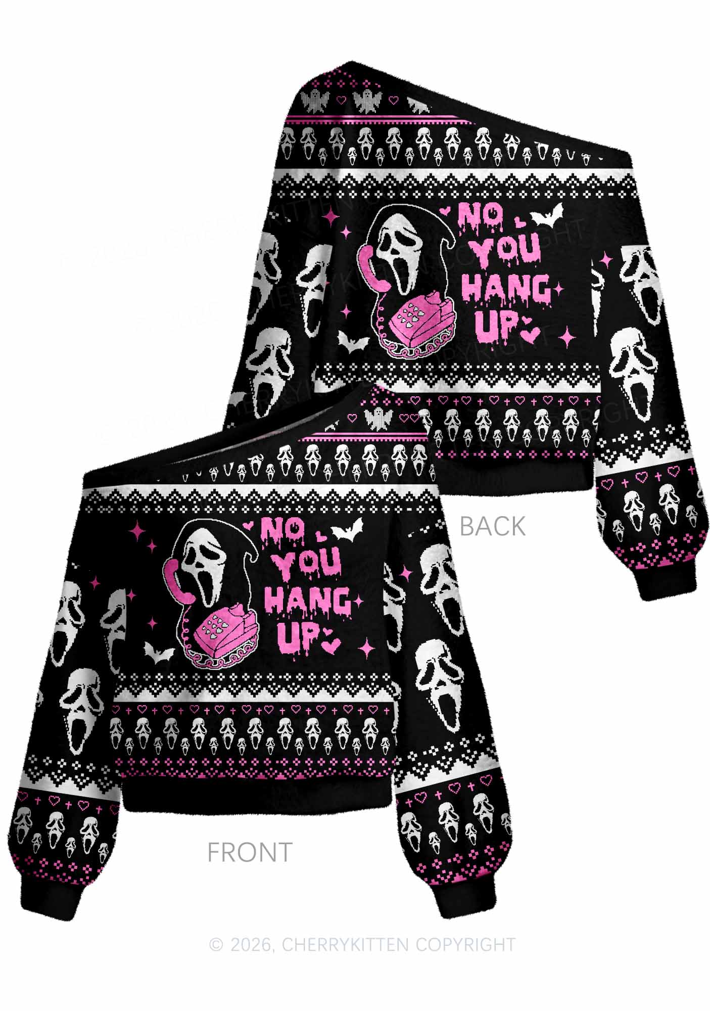 Halloween No You Hang Up Y2K Off Shoulder Knit Sweatshirt Cherrykitten