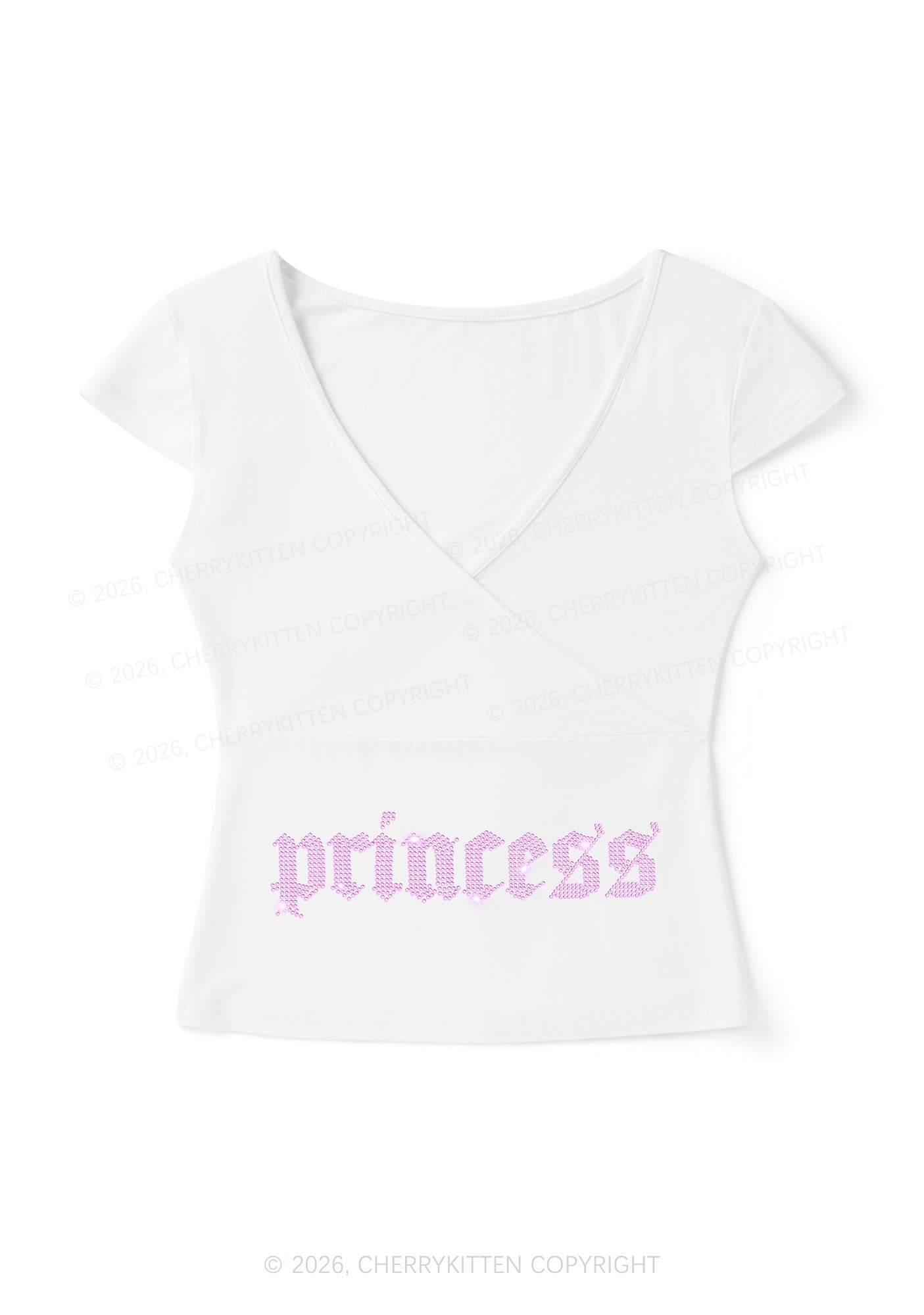 Rhinestone Pink Princess Y2K Wrap V Neck T Shirts Cherrykitten