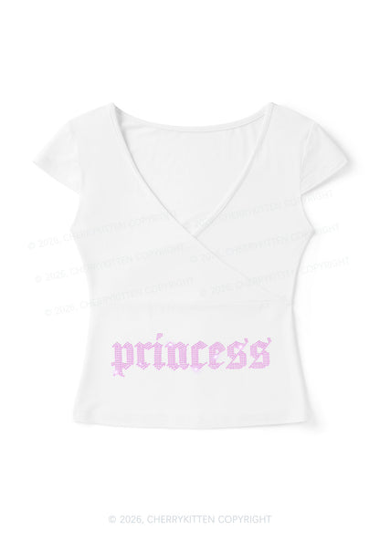 Rhinestone Pink Princess Y2K Wrap V Neck T Shirts Cherrykitten