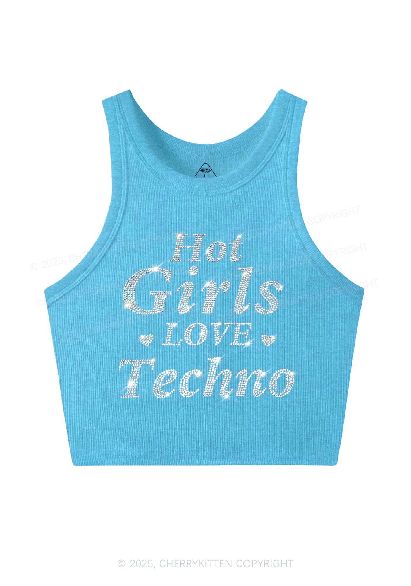 Rhinestone Hot Girls Love Techno Y2K Crop Tank Top Cherrykitten
