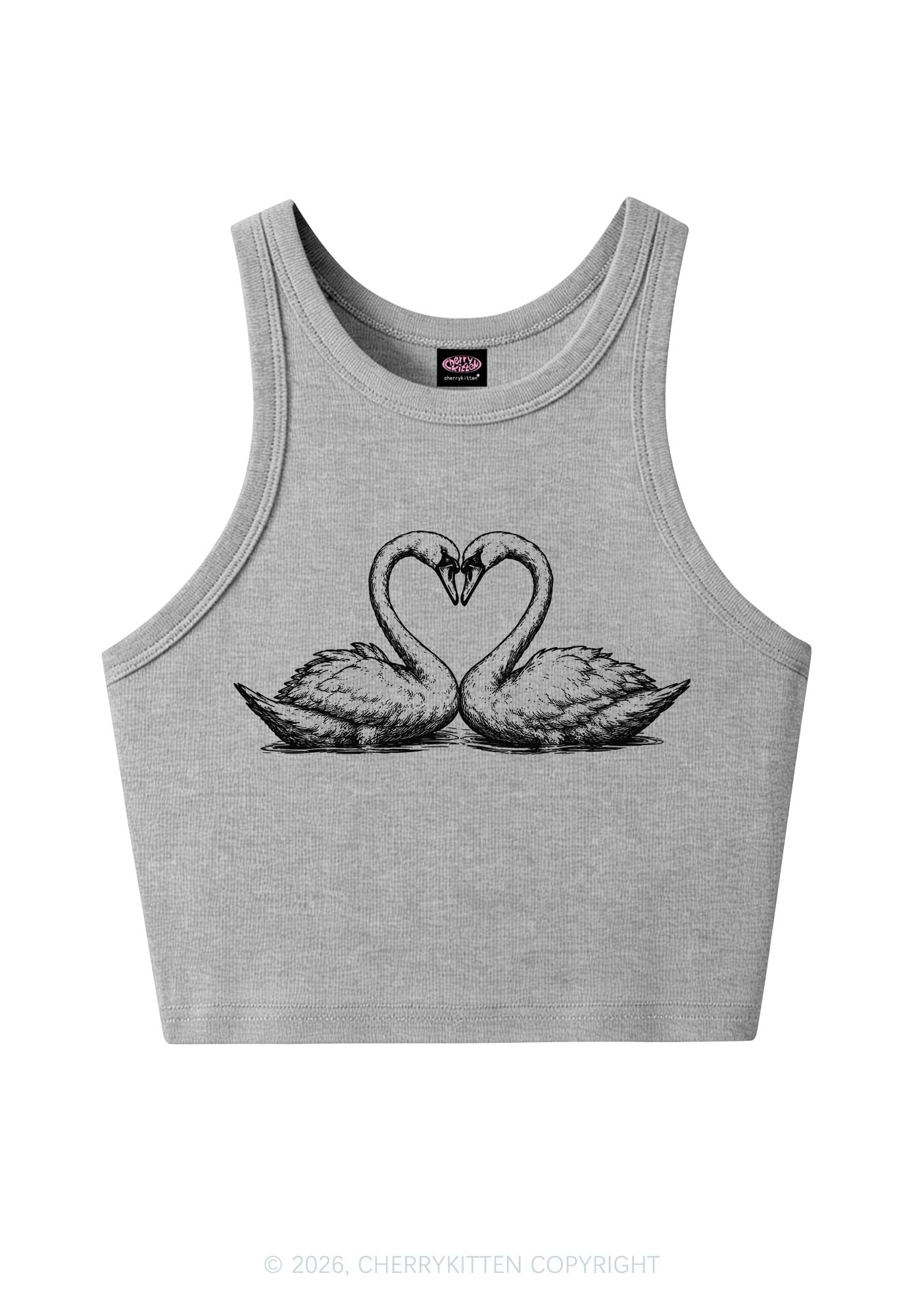 Pink Swans Heart Y2K Crop Tank Top Cherrykitten