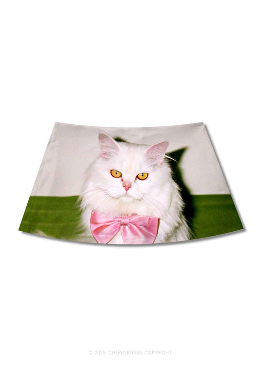 Pink Bow Cat Y2K Print Mini Skirt Cherrykitten