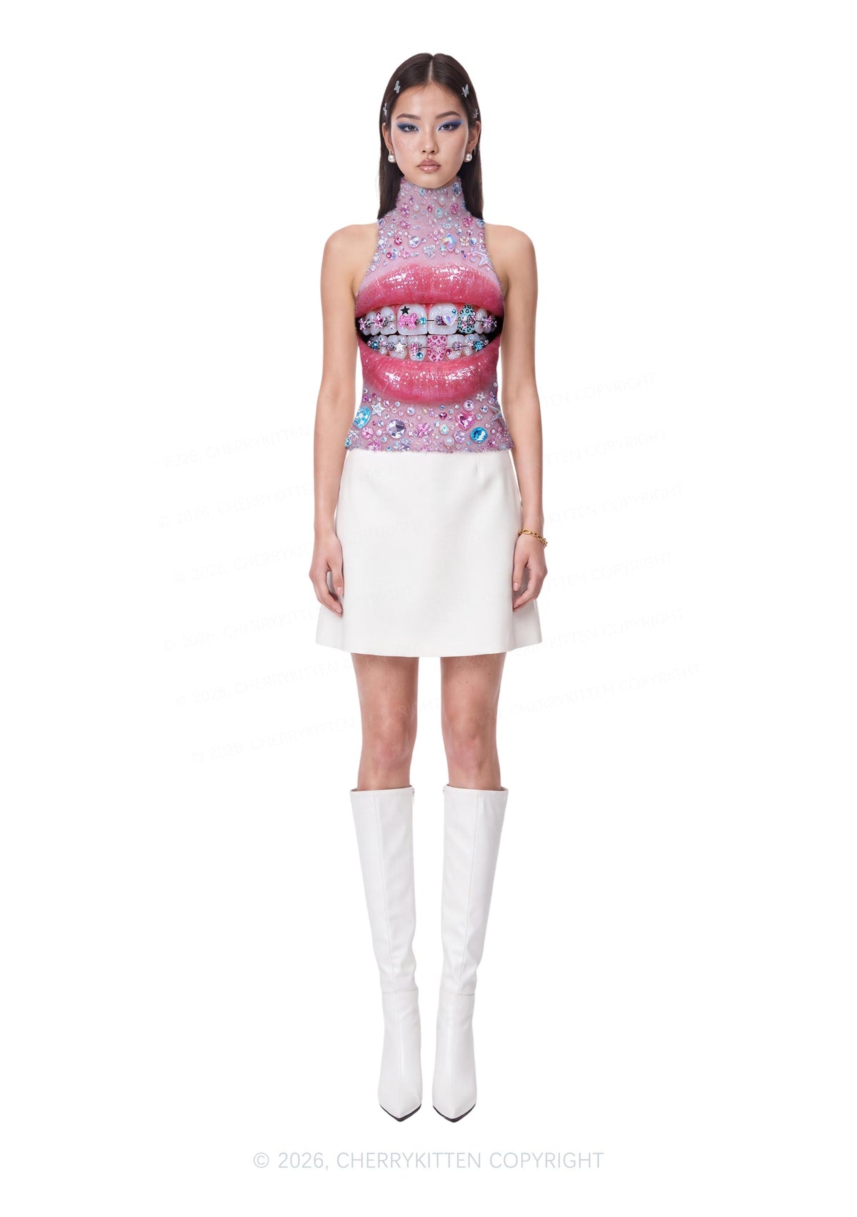 Sparkle Braced Mouth Art Y2K Knit Turtleneck Tank Top Cherrykitten