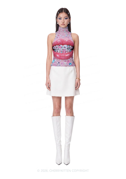 Sparkle Braced Mouth Art Y2K Knit Turtleneck Tank Top Cherrykitten