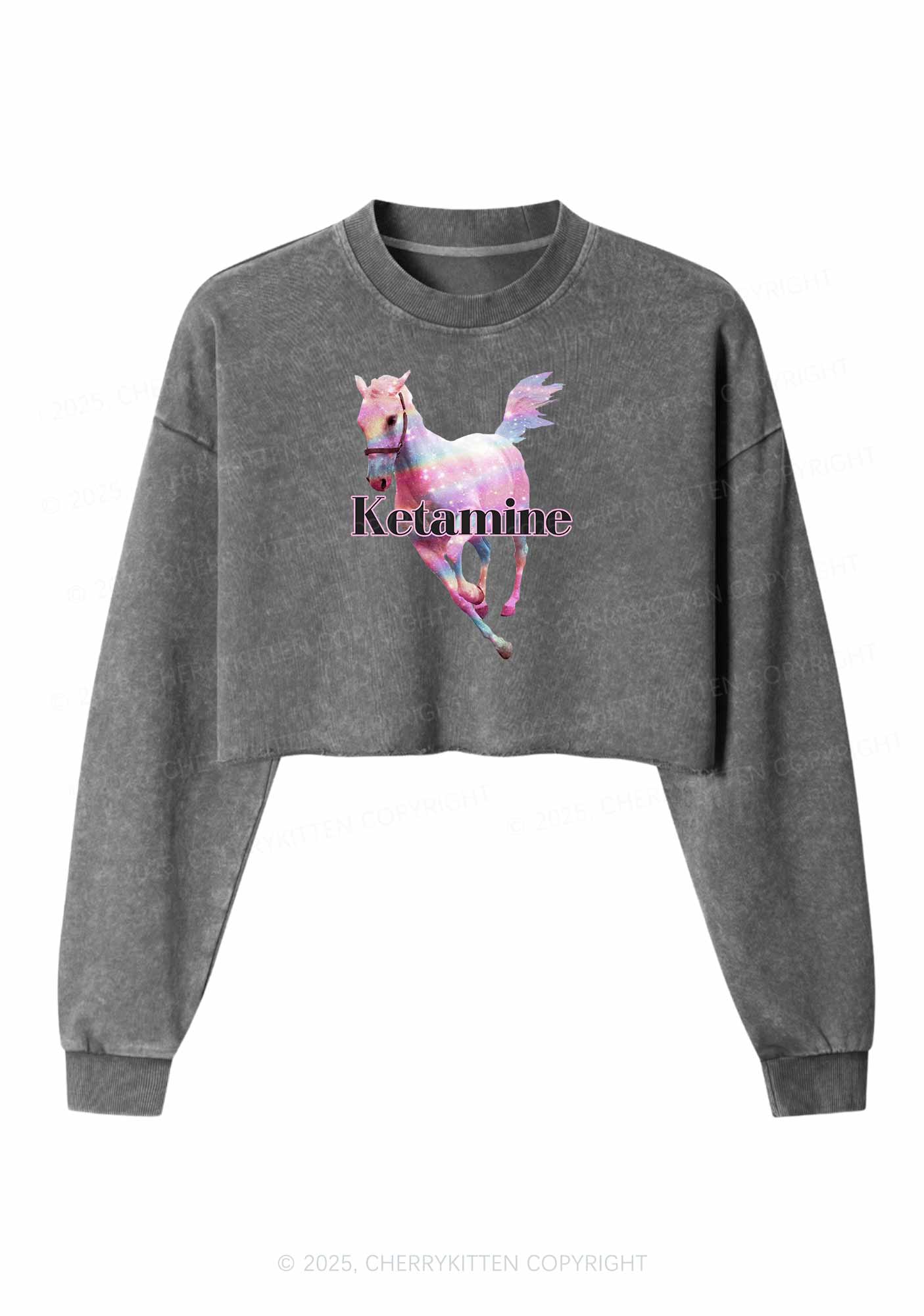 Pink Horse Y2K Crop Washed Sweatshirts Cherrykitten