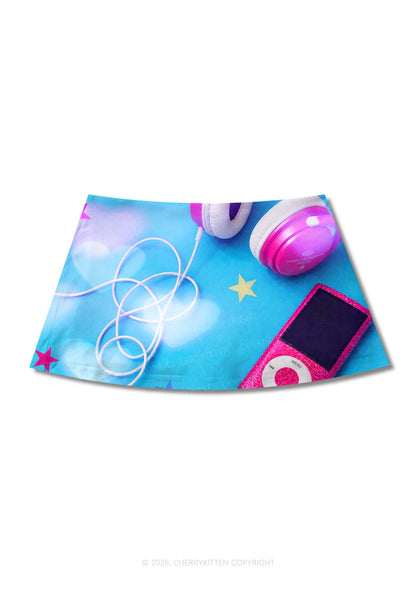 Retro Pink Headphone Y2K Print Mini Skirt Cherrykitten