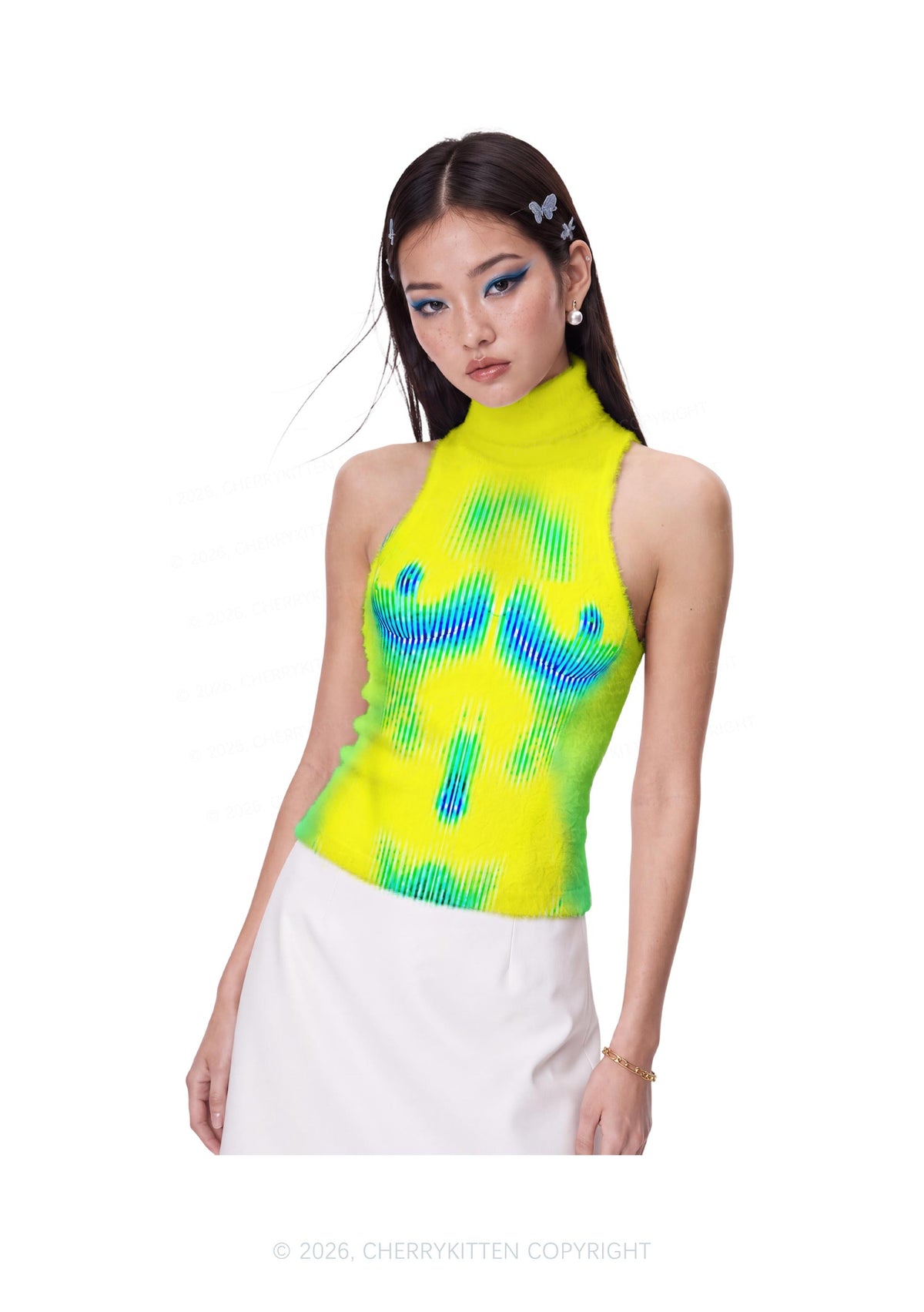 Yellow Thermal Female Body Y2K Knit Turtleneck Tank Top Cherrykitten