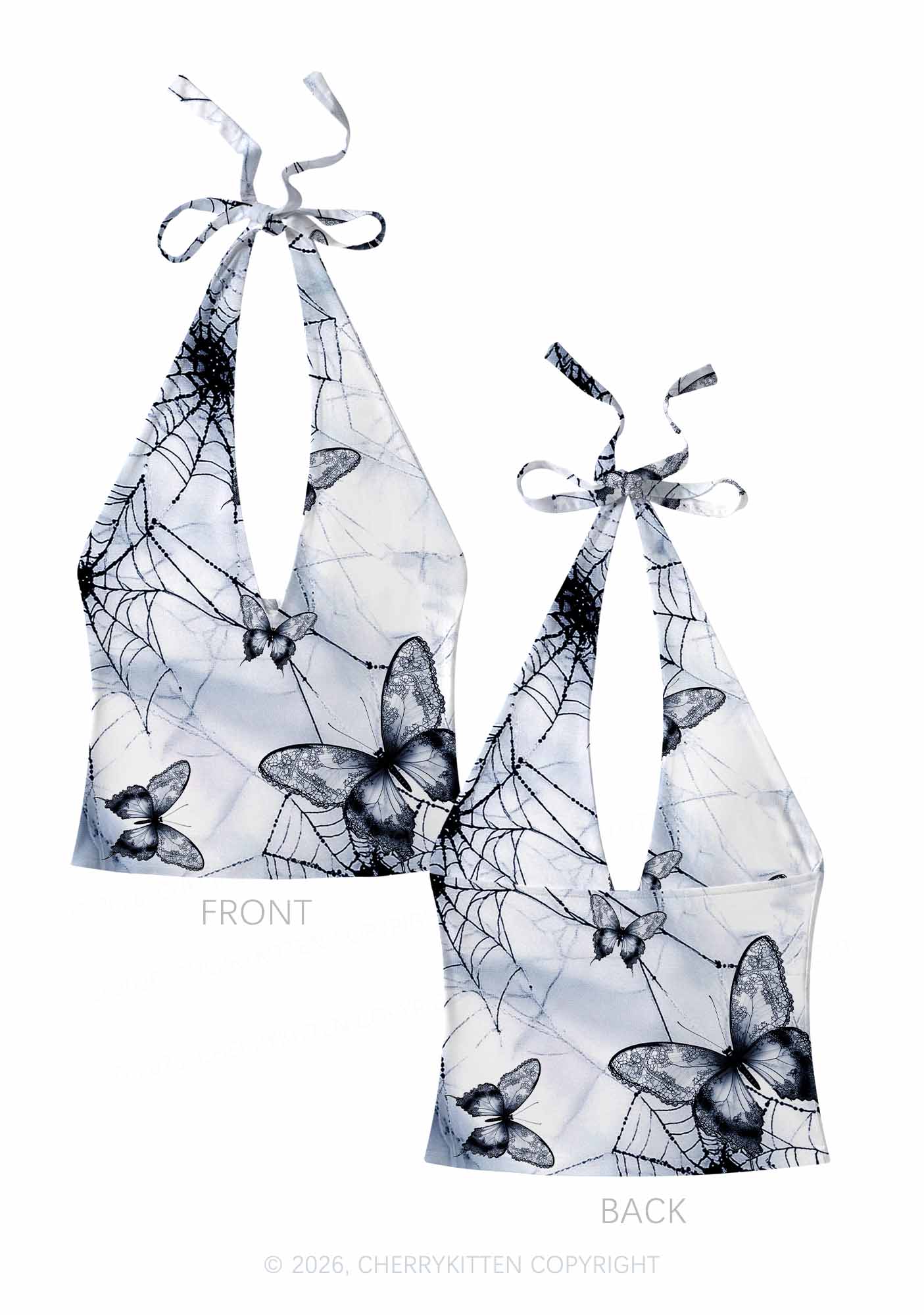 Web And Butterflies Y2K Print Halter Deep V Neck Cami Cherrykitten