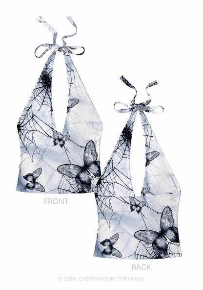 Web And Butterflies Y2K Print Halter Deep V Neck Cami Cherrykitten