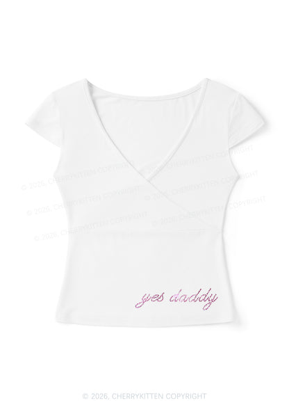 Rhinestone Yes Daddy Y2K Wrap V Neck T Shirts Cherrykitten