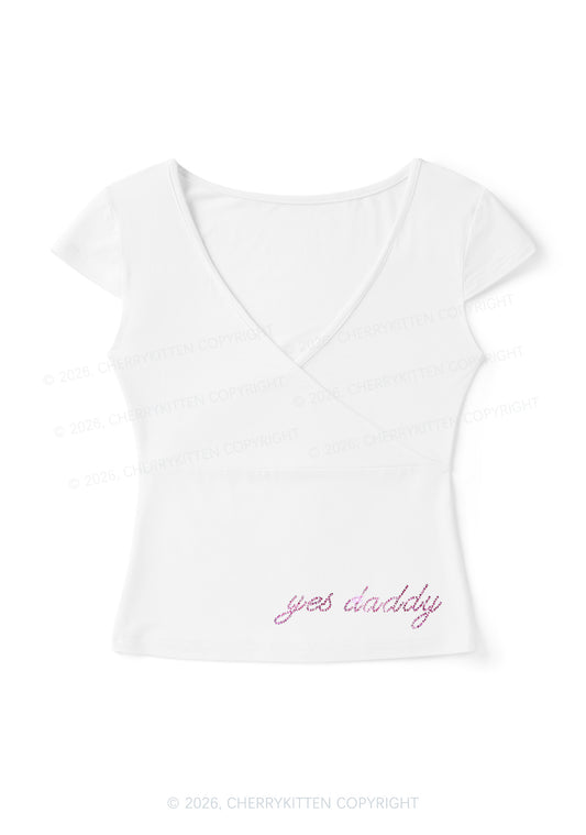 Rhinestone Yes Daddy Y2K Wrap V Neck T Shirts Cherrykitten