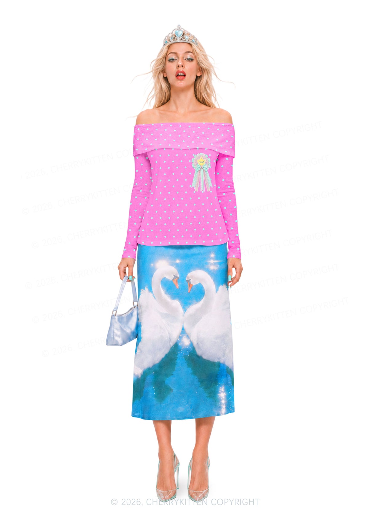 Cxxt Bow Badge Dots Y2K Off Shoulder Fold Over Knit Top Cherrykitten