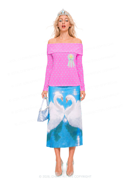 Cxxt Bow Badge Dots Y2K Off Shoulder Fold Over Knit Top Cherrykitten
