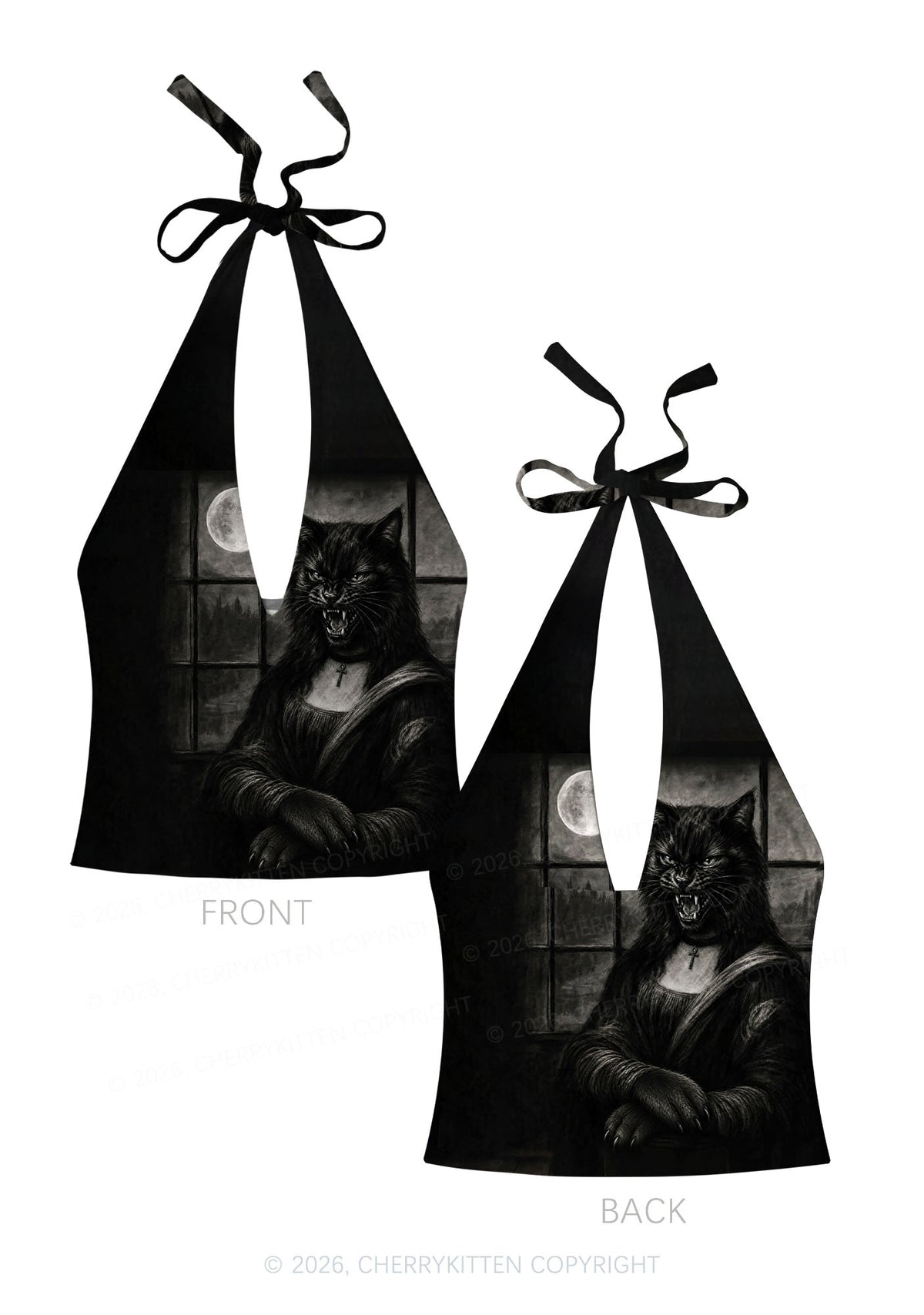 Halloween Moon Night Werewolf Y2K Print Halter Deep V Neck Cami Cherrykitten