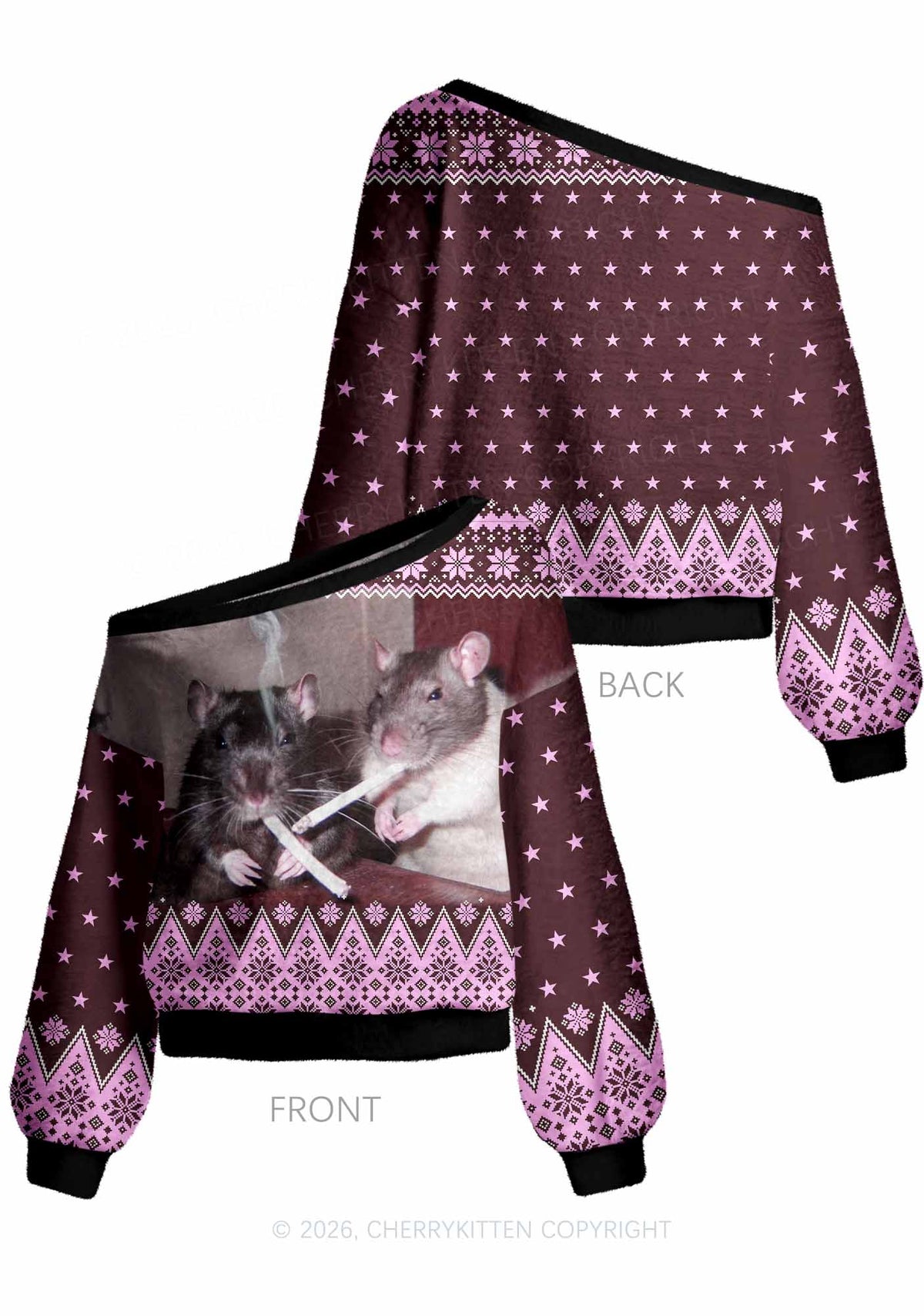 Smoking Rats Y2K Off Shoulder Knit Sweatshirt Cherrykitten