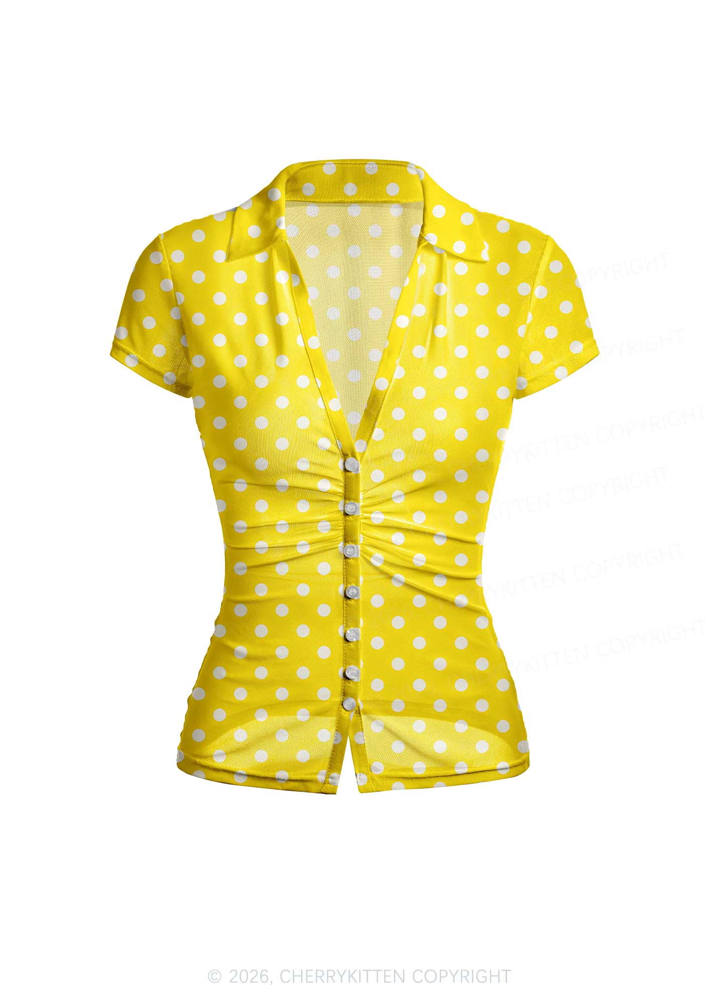 White Dots On Yellow Y2K Mesh Ruched Waist V Neck Top Cherrykitten