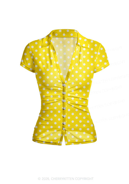White Dots On Yellow Y2K Mesh Ruched Waist V Neck Top Cherrykitten