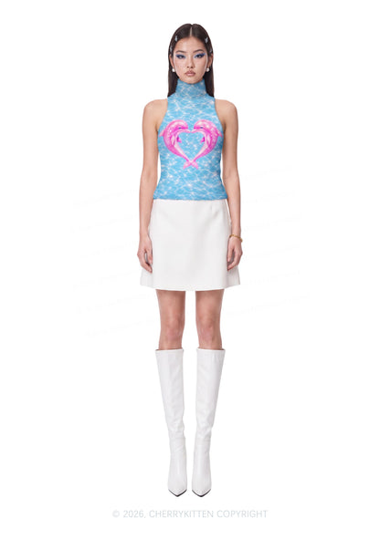 Pink Dolphin Couple Heart Y2K Knit Turtleneck Tank Top Cherrykitten