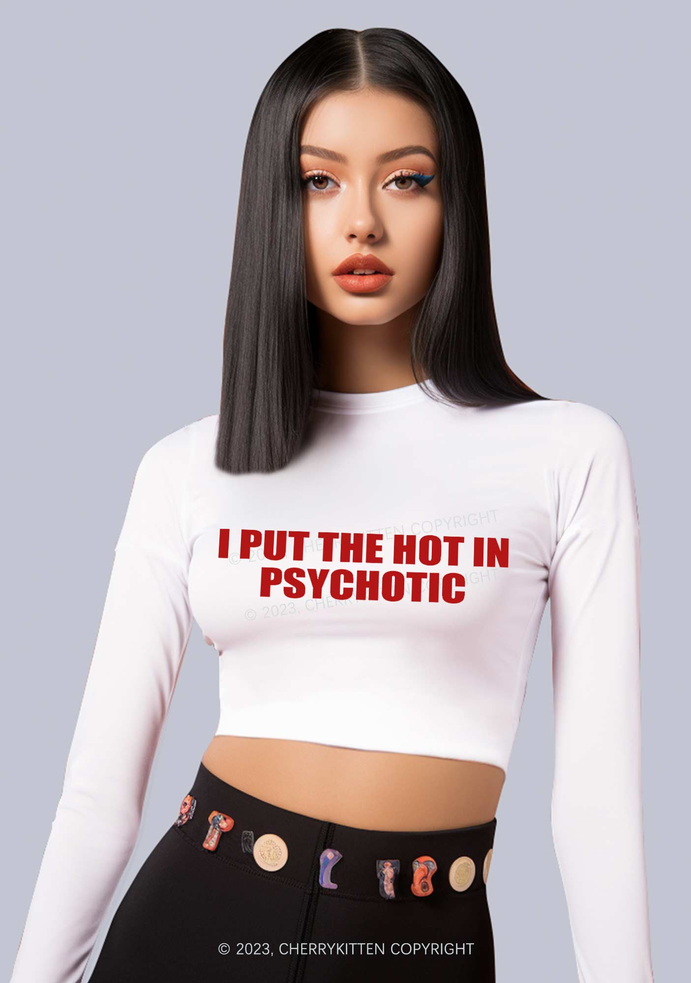 I Put The Hot In Psychotic Long Sleeve Crop Top Cherrykitten