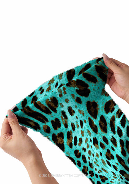 Mint Blue Leopard Y2K Print Fuzzy Flared Leg Warmers Cherrykitten