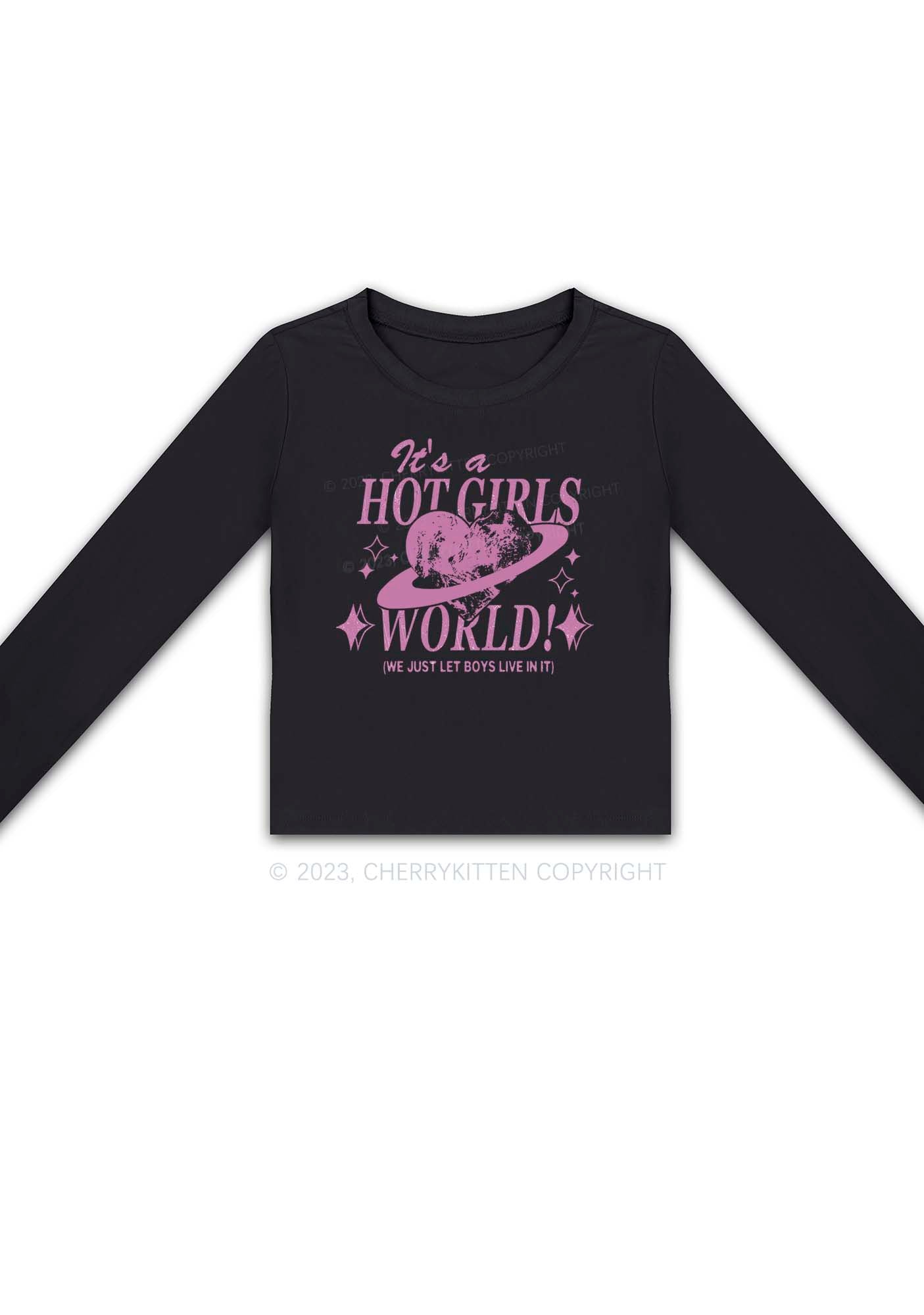 It's A Hot Girls World Y2K Long Sleeve Crop Top Cherrykitten