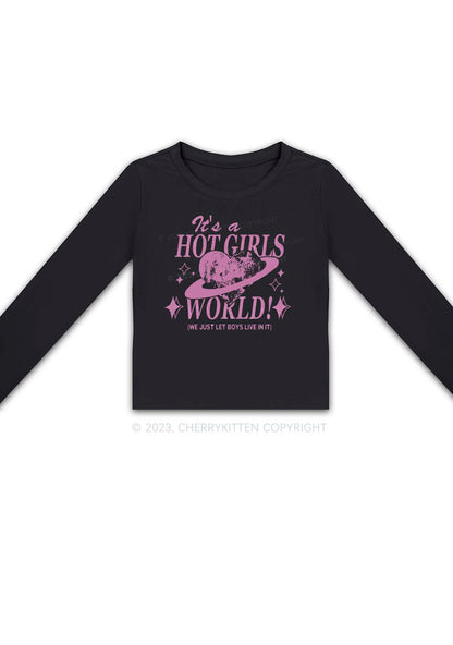 It's A Hot Girls World Y2K Long Sleeve Crop Top Cherrykitten