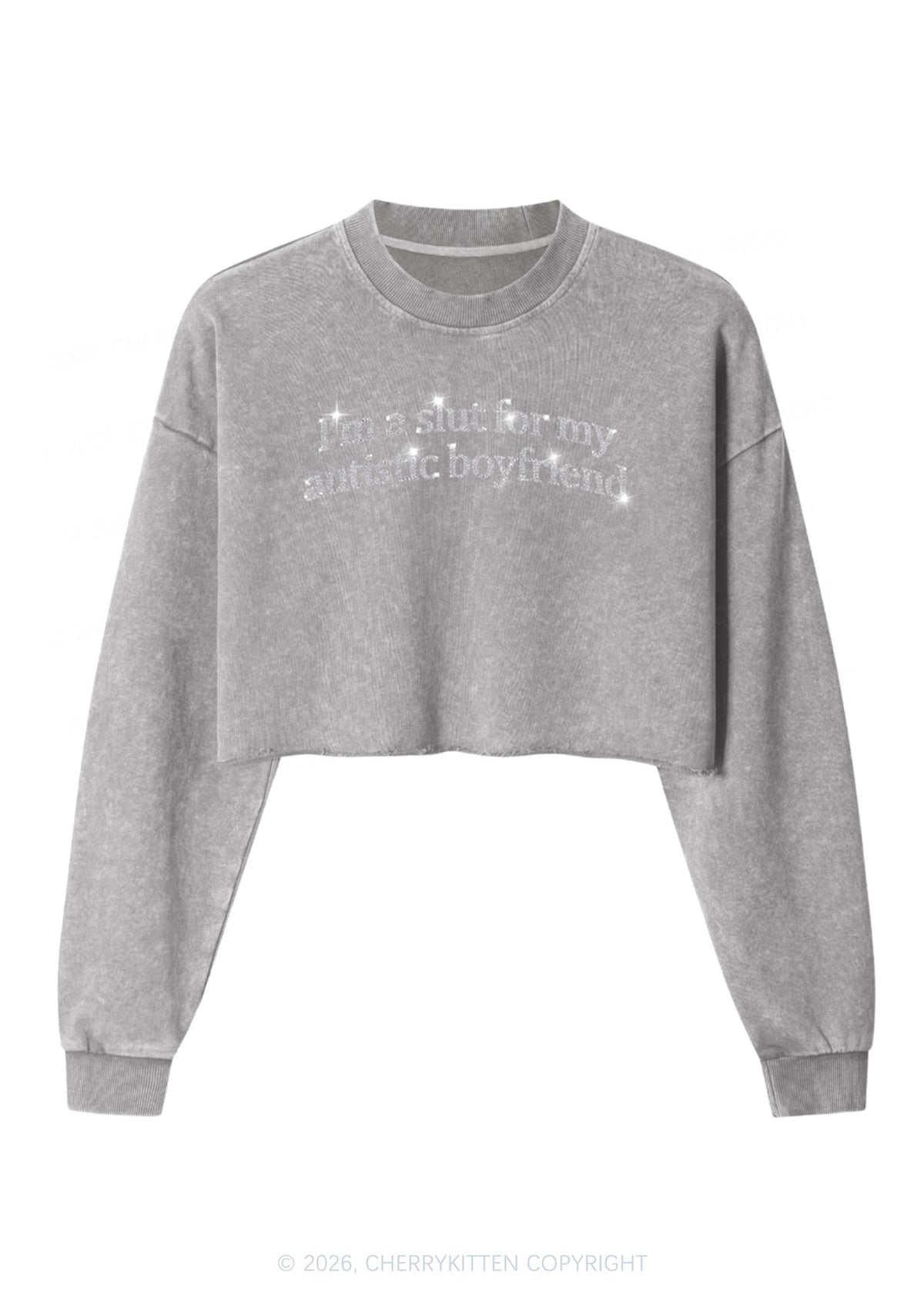 Rhinestone Slxt For My Autistic BF Y2K Crop Washed Sweatshirts Cherrykitten