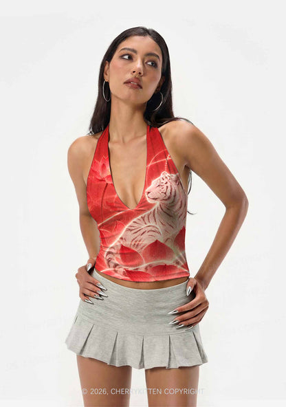 White Tiger Red Lotus Y2K Print Halter Deep V Neck Cami Cherrykitten