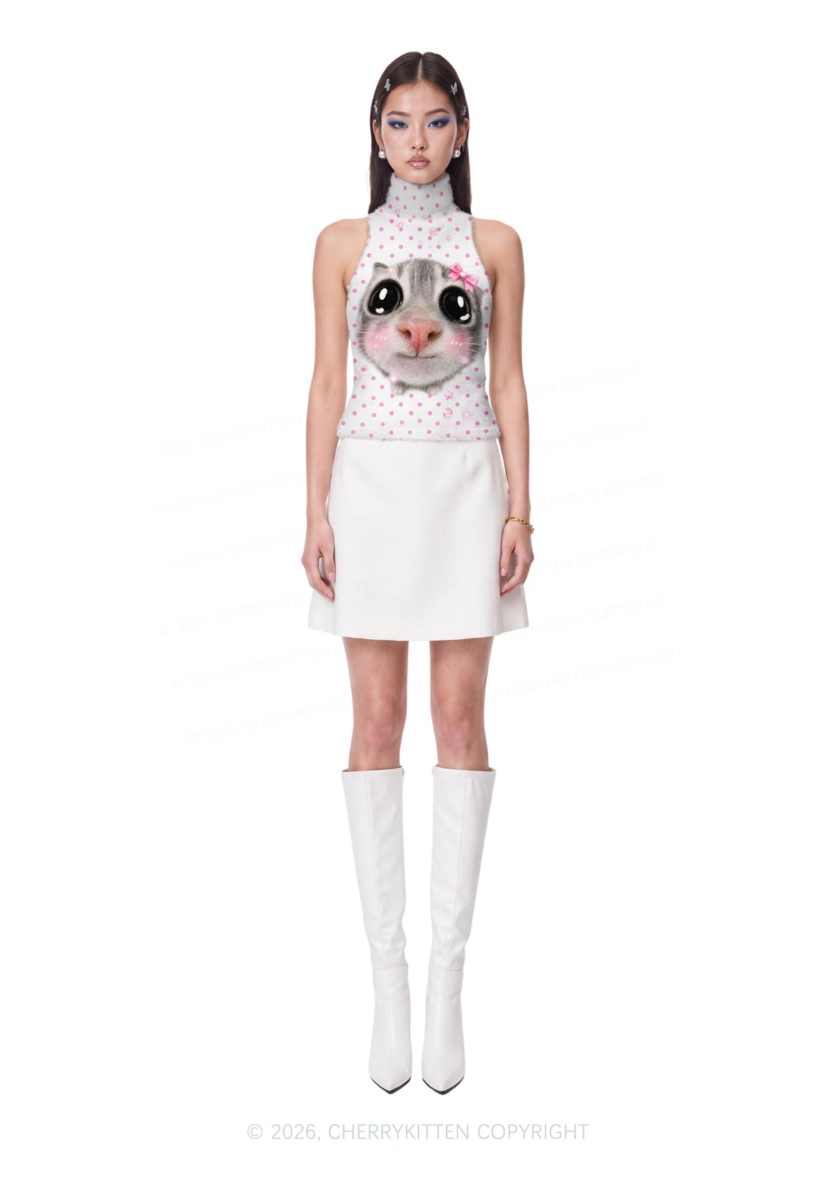 Pink Dots Bow Cat Y2K Knit Turtleneck Tank Top Cherrykitten