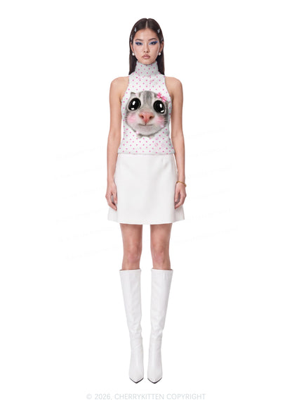 Pink Dots Bow Cat Y2K Knit Turtleneck Tank Top Cherrykitten