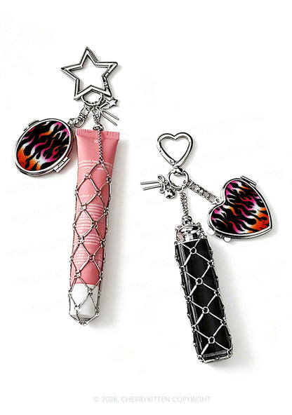 Lesbian Flame Pride 1pc Y2K Metal Mesh Lipstick Holder Keychain With Mirror Cherrykitten
