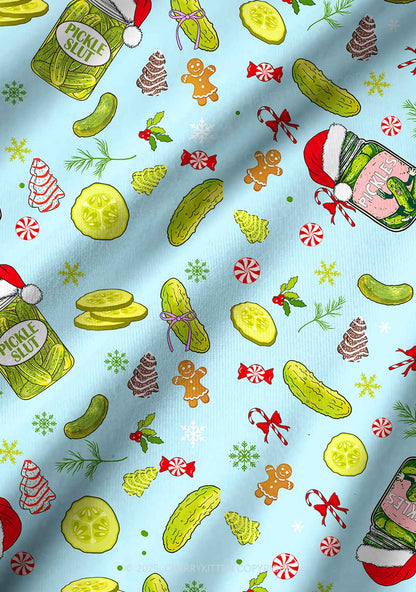 Christmas Green Santa Hat Pickle Y2K Print Long Sleeve Pajama Set Cherrykitten