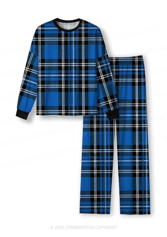 Blue Plaid Y2K Print Long Sleeve Pajama Set Cherrykitten