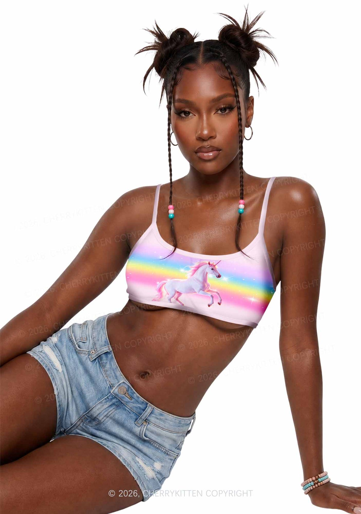 Rainbow Gradient Unicorn Y2K Print Super Crop Cami Cherrykitten