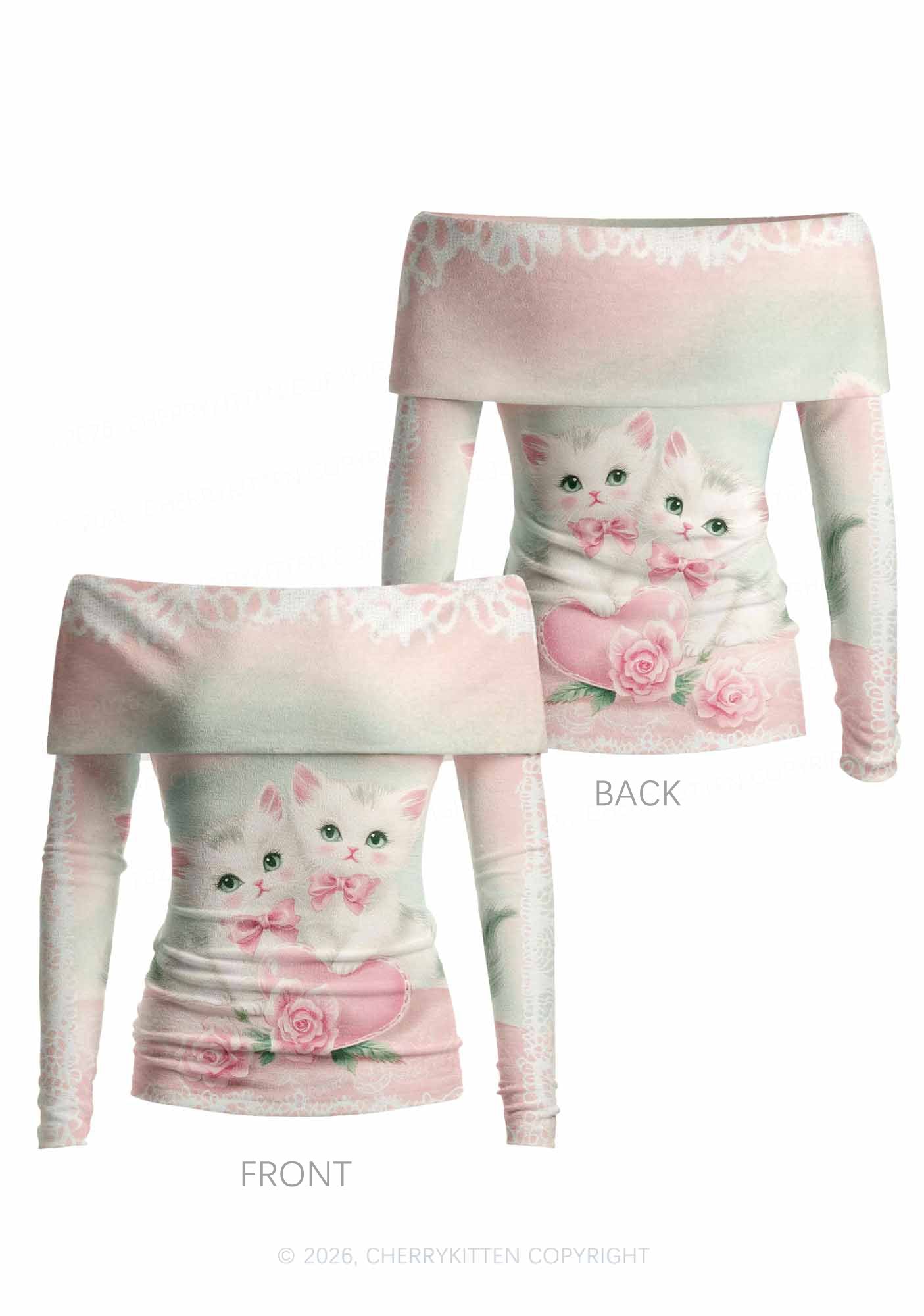 Rose Kitties Y2K Off Shoulder Fold Over Knit Top Cherrykitten