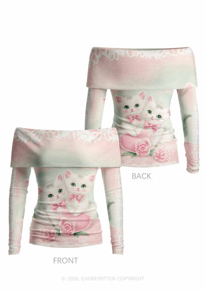 Rose Kitties Y2K Off Shoulder Fold Over Knit Top Cherrykitten