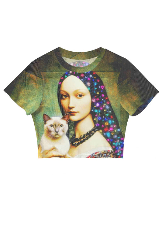 Renaissance Lady With Cat Y2K Mesh Crop Top Cherrykitten