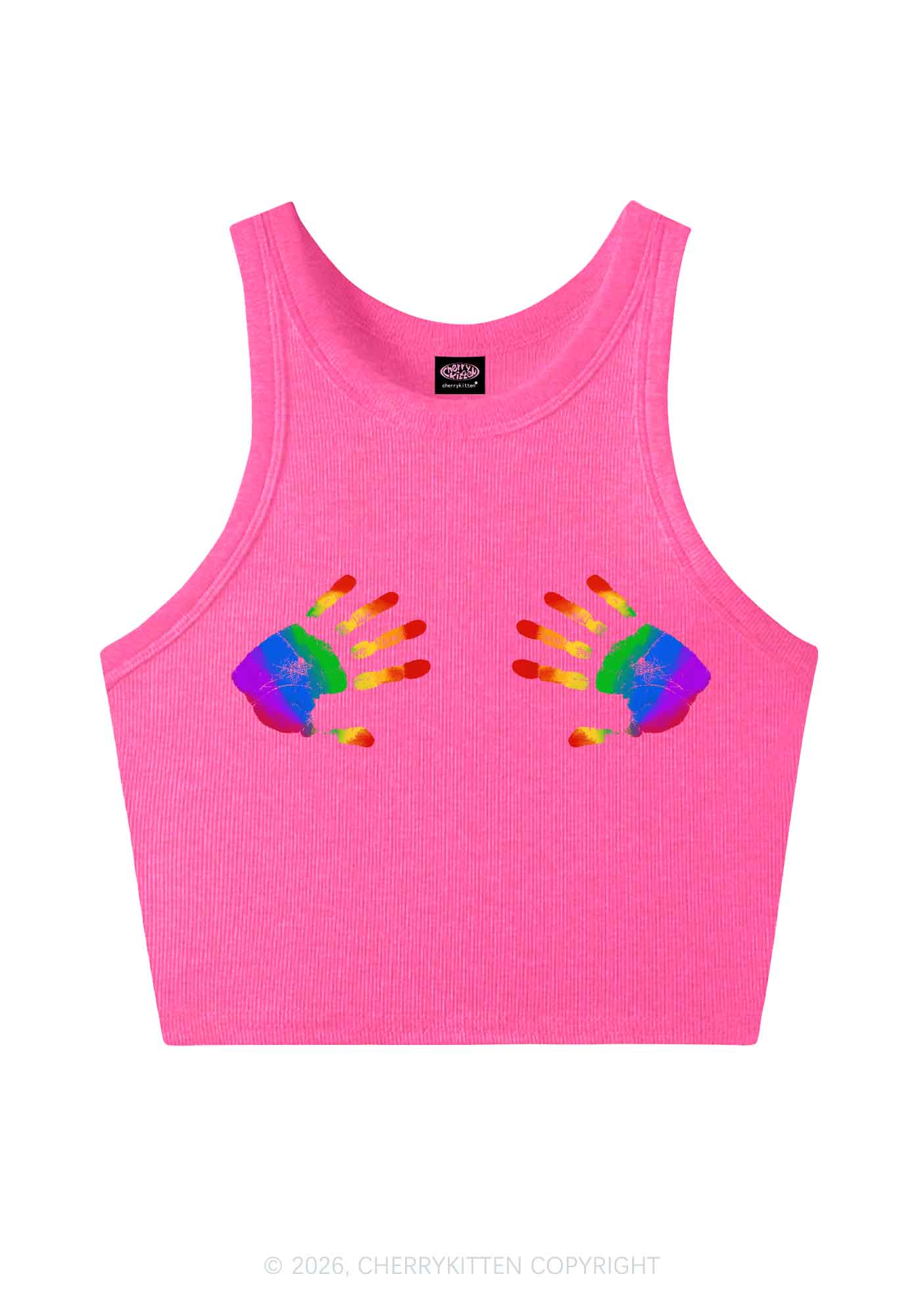 Rainbow Handprint Pride Y2K Crop Tank Top Cherrykitten