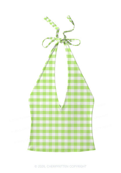 White Green Plaid Y2K Print Halter Deep V Neck Cami Cherrykitten
