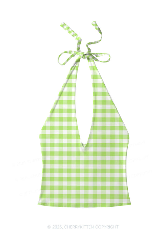 White Green Plaid Y2K Print Halter Deep V Neck Cami Cherrykitten