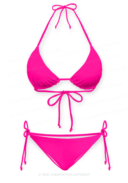 Hot Pink Plain Y2K Print Bikini Set Cherrykitten