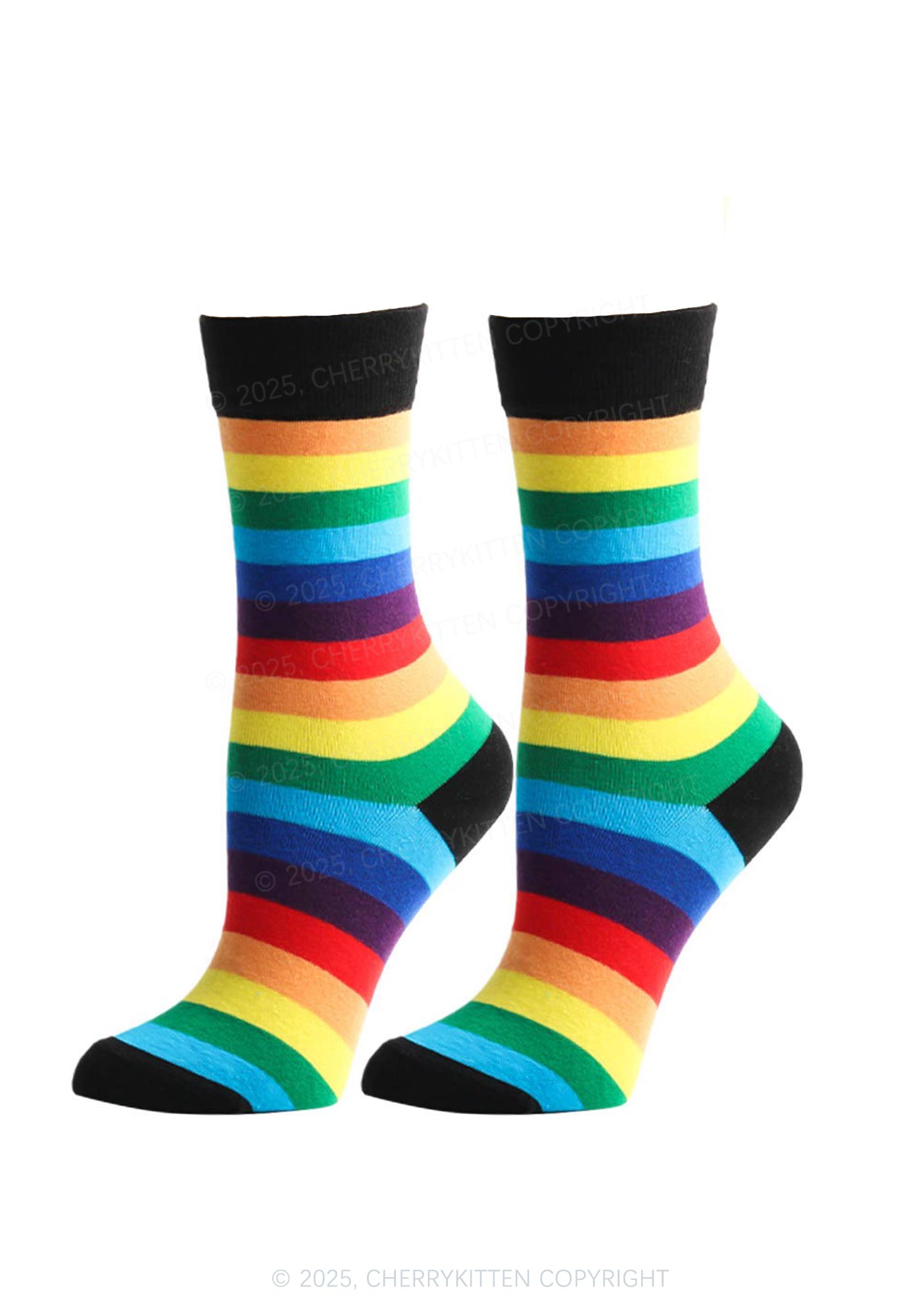 Rainbow Striped Pride Y2K Mid Calf Socks Cherrykitten
