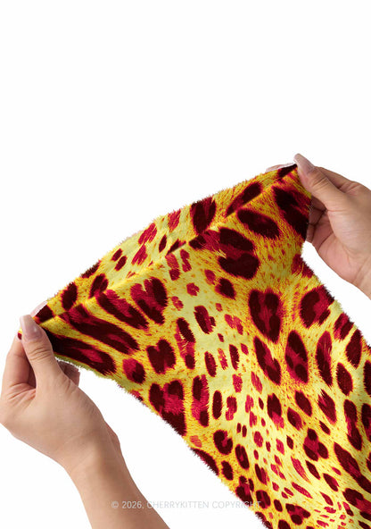 Yellow And Burgundy Leopard Y2K Print Fuzzy Flared Leg Warmers Cherrykitten