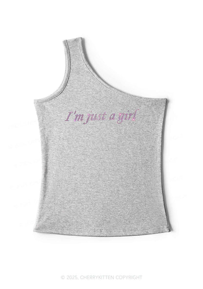 Rhinestone Just A Girl Y2K One Shoulder Tank Top Cherrykitten