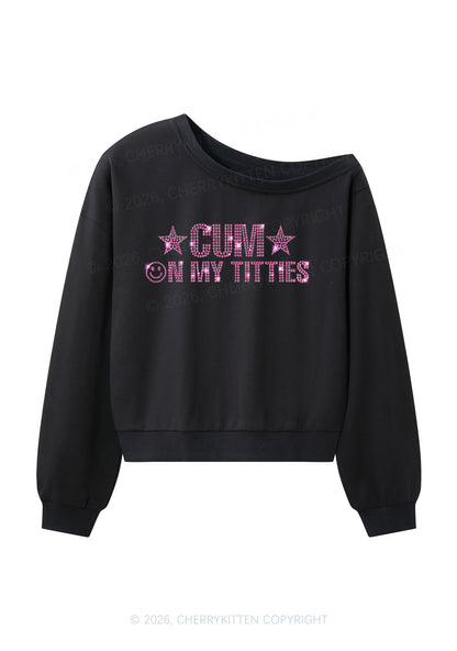 Rhinestone Cxm On My Txtties Y2K Off Shoulder Sweatshirts Cherrykitten