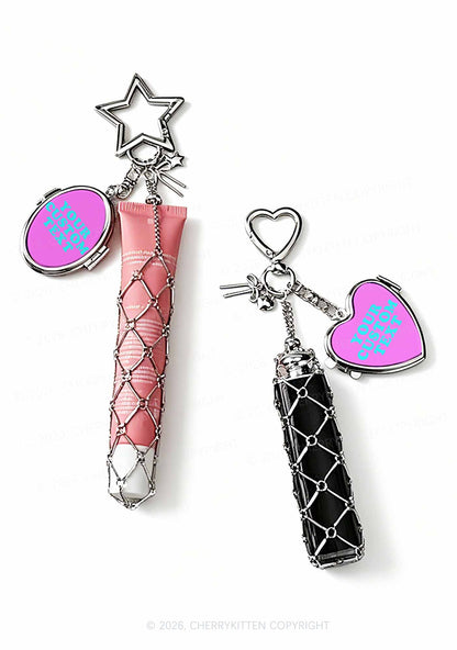 Custom Text 1pc Y2K Metal Mesh Lipstick Holder Keychain With Mirror Cherrykitten