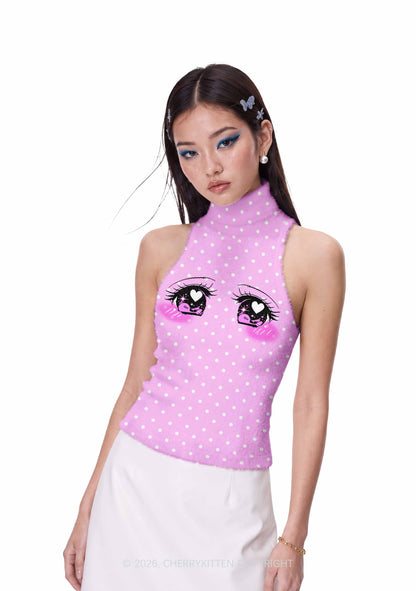Heart Eyes White Dots On Pink Y2K Knit Turtleneck Tank Top Cherrykitten