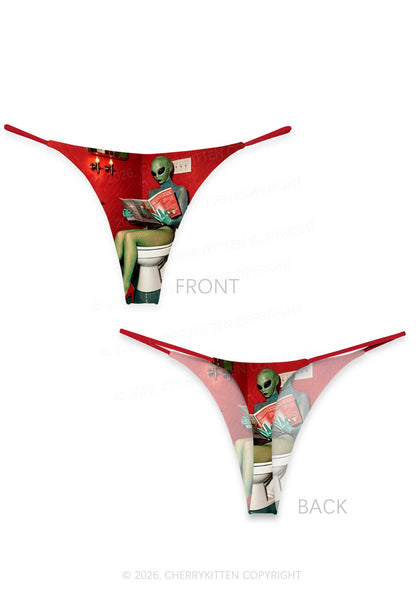 Halloween Alien On Toilet Y2K Print Bikini String Thong Cherrykitten