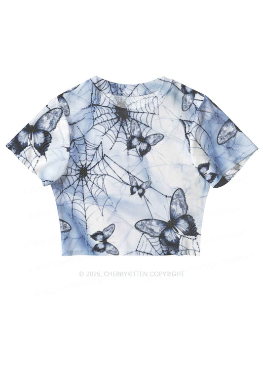 Web And Butterflies Y2K Mesh Crop Top Cherrykitten
